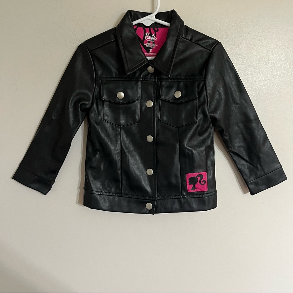 Barbie Girls‎ Black Faux Leather Moto Jacket Pink Logo 3T Trucker Coat Mattel